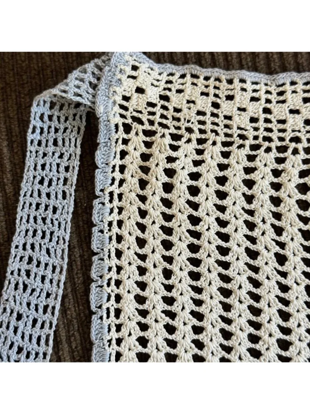 Vintage Hand-Crocheted Crochet Half Apron Blue & White Chevron Pattern
